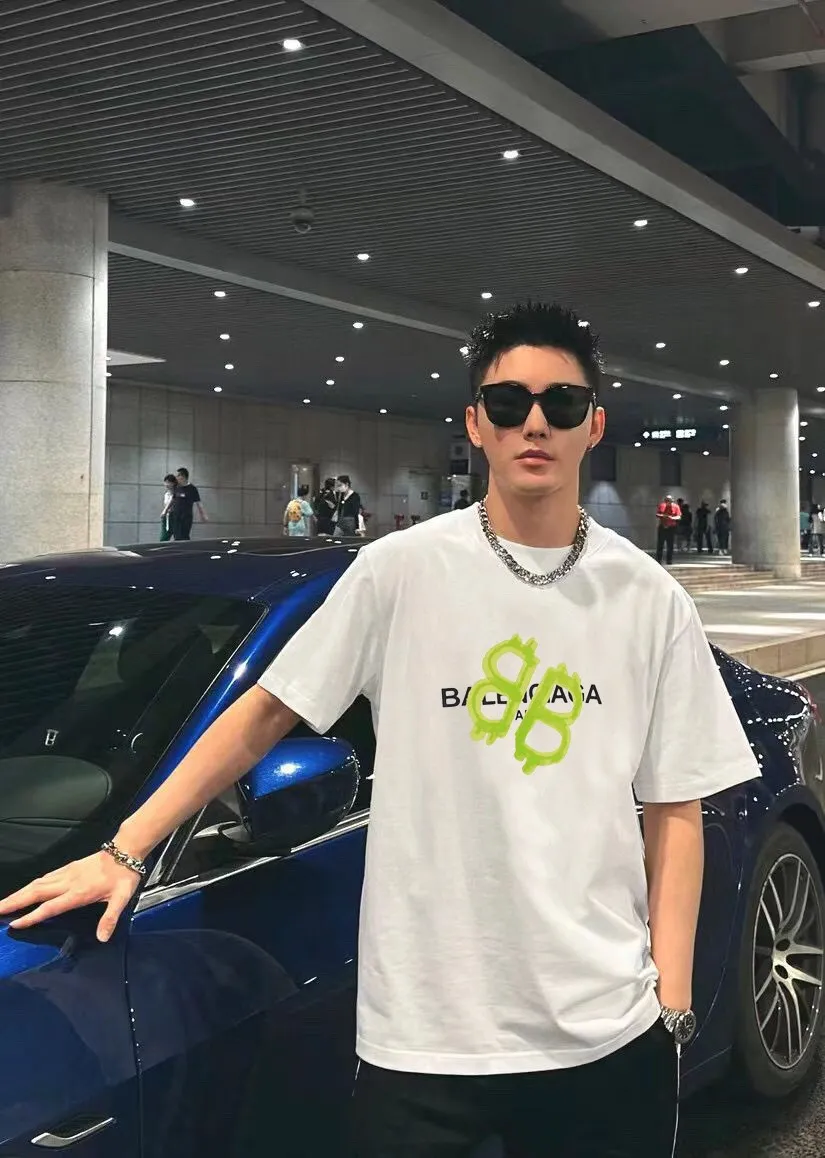 P80✨🔥 BALENCIAGA Paris lettering printed short-sleeved T-shirt, custom-woven and dyed 280g combed cotton heavyweight fabric, zero color difference in thread, perfect details, different from the current version on the market, welcome to compare, Same Style for men and women, must-sell in the picture above Color: White Black Size: 1 2 3 4